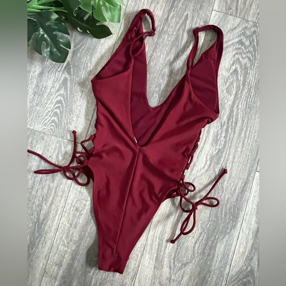 Burgundy aerie side tie deep plunge one piece - Picture 6 of 8